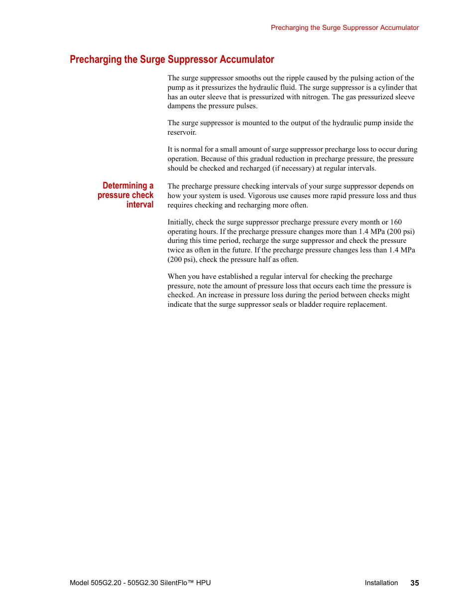 Precharging the surge suppressor accumulator, Precharging the surge suppressor accumulator 35 | MTS Series 505G2 SilentFlo Hydraulic Power Unit Model 505G2-30 User Manual | Page 35 / 90