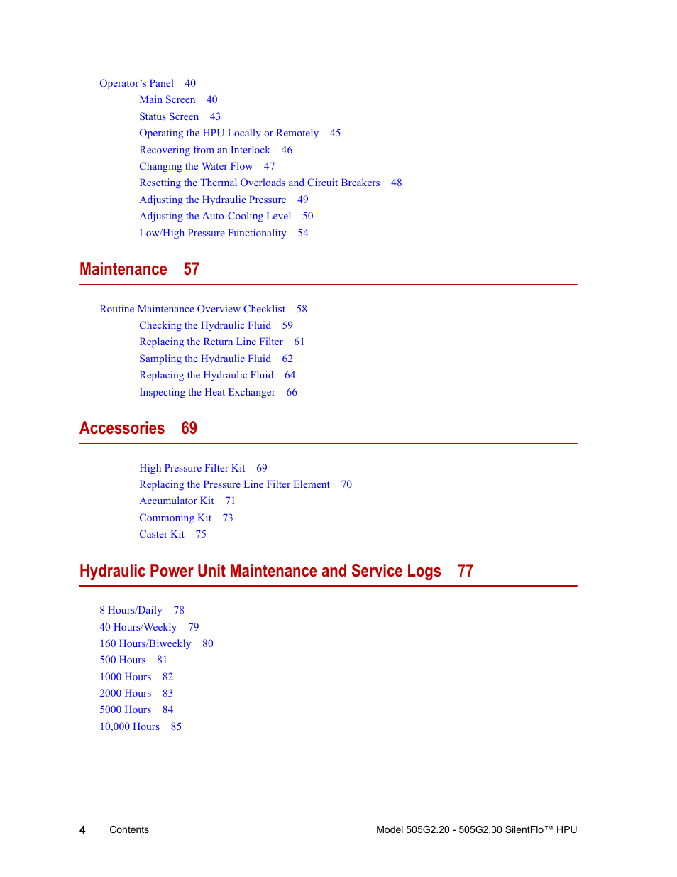 Maintenance 57, Accessories 69 | MTS Series 505G2 SilentFlo Hydraulic Power Unit Model 505G2-30 User Manual | Page 4 / 90