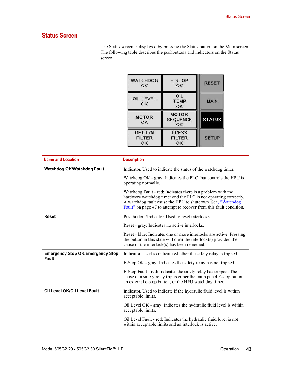Status screen, Status screen 43 | MTS Series 505G2 SilentFlo Hydraulic Power Unit Model 505G2-30 User Manual | Page 43 / 90
