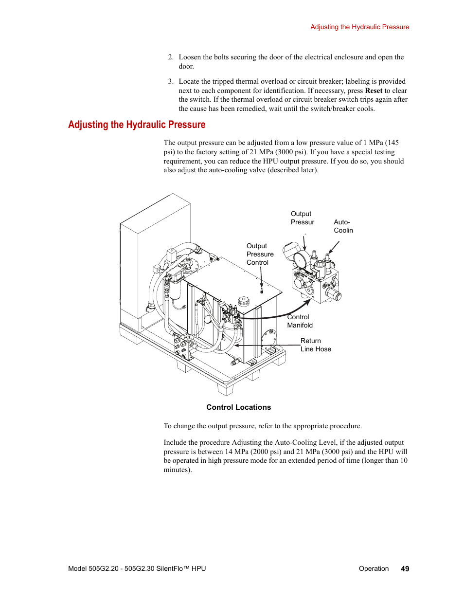 Adjusting the hydraulic pressure, Adjusting the hydraulic pressure 49 | MTS Series 505G2 SilentFlo Hydraulic Power Unit Model 505G2-30 User Manual | Page 49 / 90