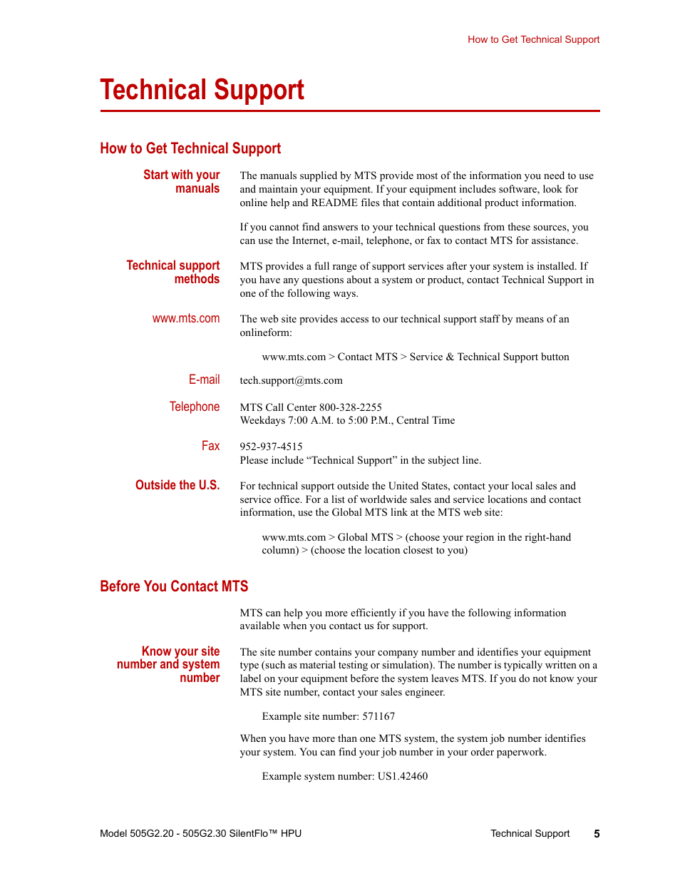 Technical support, How to get technical support, Before you contact mts | Technical support 5 | MTS Series 505G2 SilentFlo Hydraulic Power Unit Model 505G2-30 User Manual | Page 5 / 90