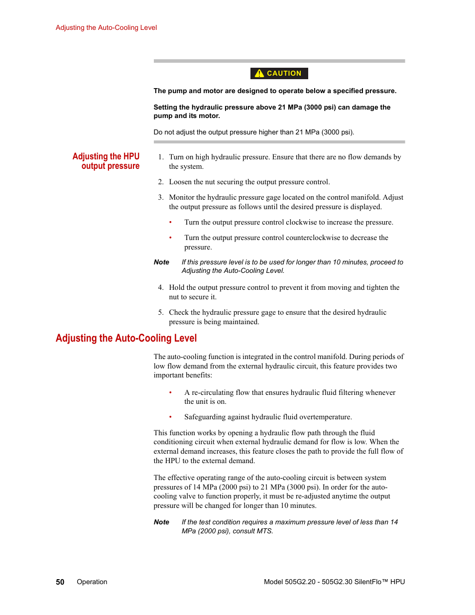 Adjusting the auto-cooling level, Adjusting the auto-cooling level 50 | MTS Series 505G2 SilentFlo Hydraulic Power Unit Model 505G2-30 User Manual | Page 50 / 90