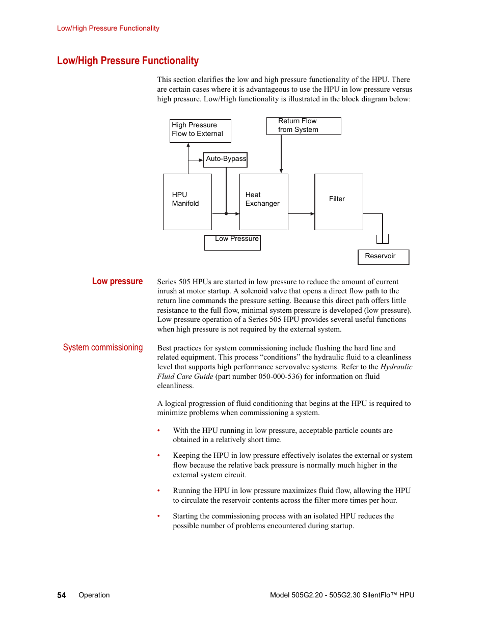 Low/high pressure functionality, Low/high pressure functionality 54 | MTS Series 505G2 SilentFlo Hydraulic Power Unit Model 505G2-30 User Manual | Page 54 / 90