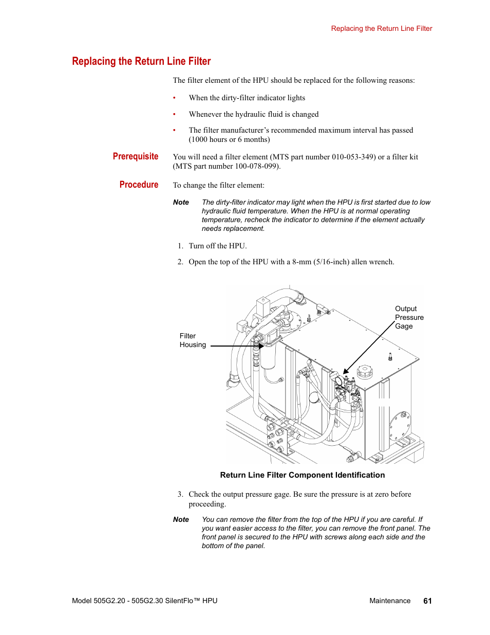 Replacing the return line filter, Replacing the return line filter 61 | MTS Series 505G2 SilentFlo Hydraulic Power Unit Model 505G2-30 User Manual | Page 61 / 90