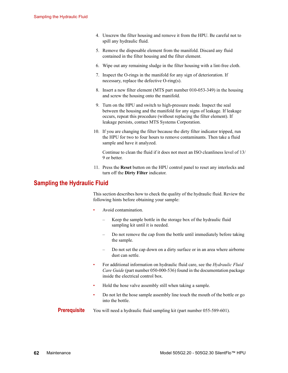 Sampling the hydraulic fluid, Sampling the hydraulic fluid 62 | MTS Series 505G2 SilentFlo Hydraulic Power Unit Model 505G2-30 User Manual | Page 62 / 90