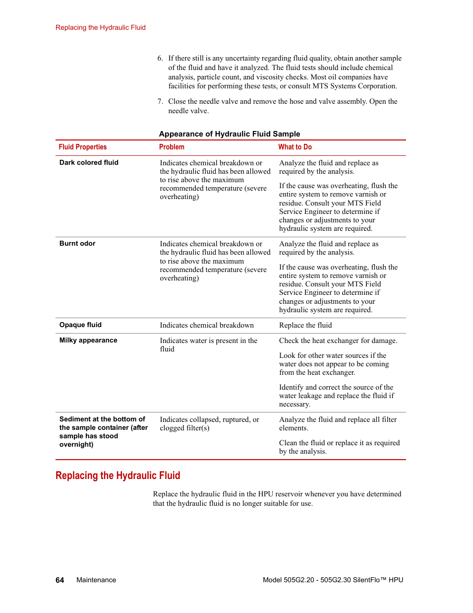 Replacing the hydraulic fluid, Replacing the hydraulic fluid 64 | MTS Series 505G2 SilentFlo Hydraulic Power Unit Model 505G2-30 User Manual | Page 64 / 90