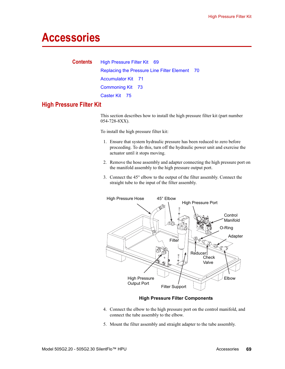 Accessories, High pressure filter kit, Accessories 69 | High pressure filter kit 69 | MTS Series 505G2 SilentFlo Hydraulic Power Unit Model 505G2-30 User Manual | Page 69 / 90