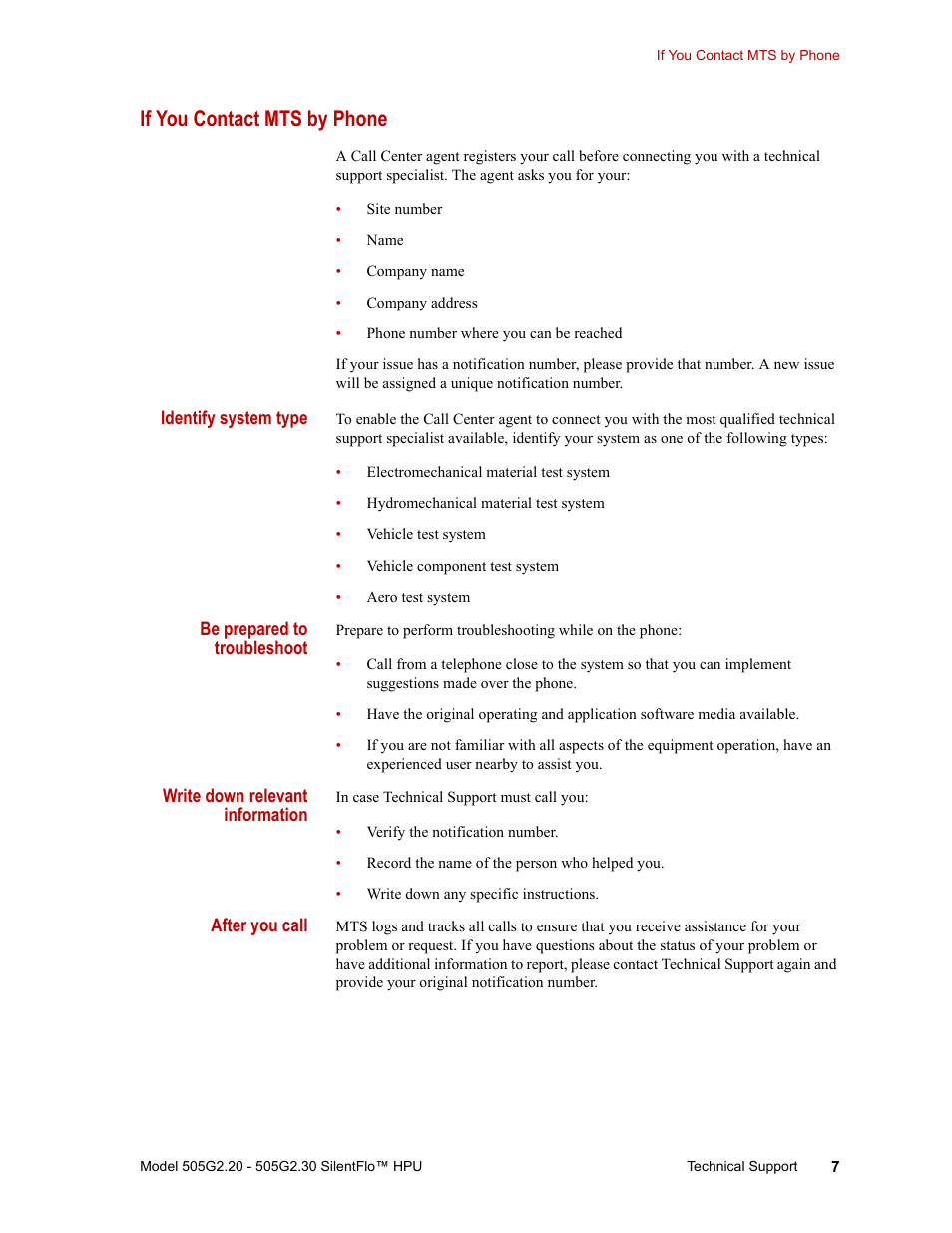 If you contact mts by phone, If you contact mts by phone 7 | MTS Series 505G2 SilentFlo Hydraulic Power Unit Model 505G2-30 User Manual | Page 7 / 90