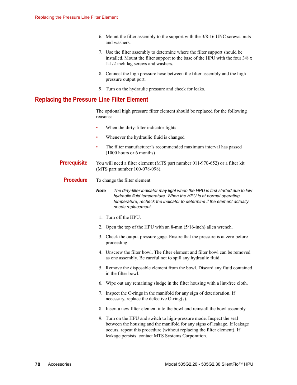 Replacing the pressure line filter element, Replacing the pressure line filter element 70 | MTS Series 505G2 SilentFlo Hydraulic Power Unit Model 505G2-30 User Manual | Page 70 / 90