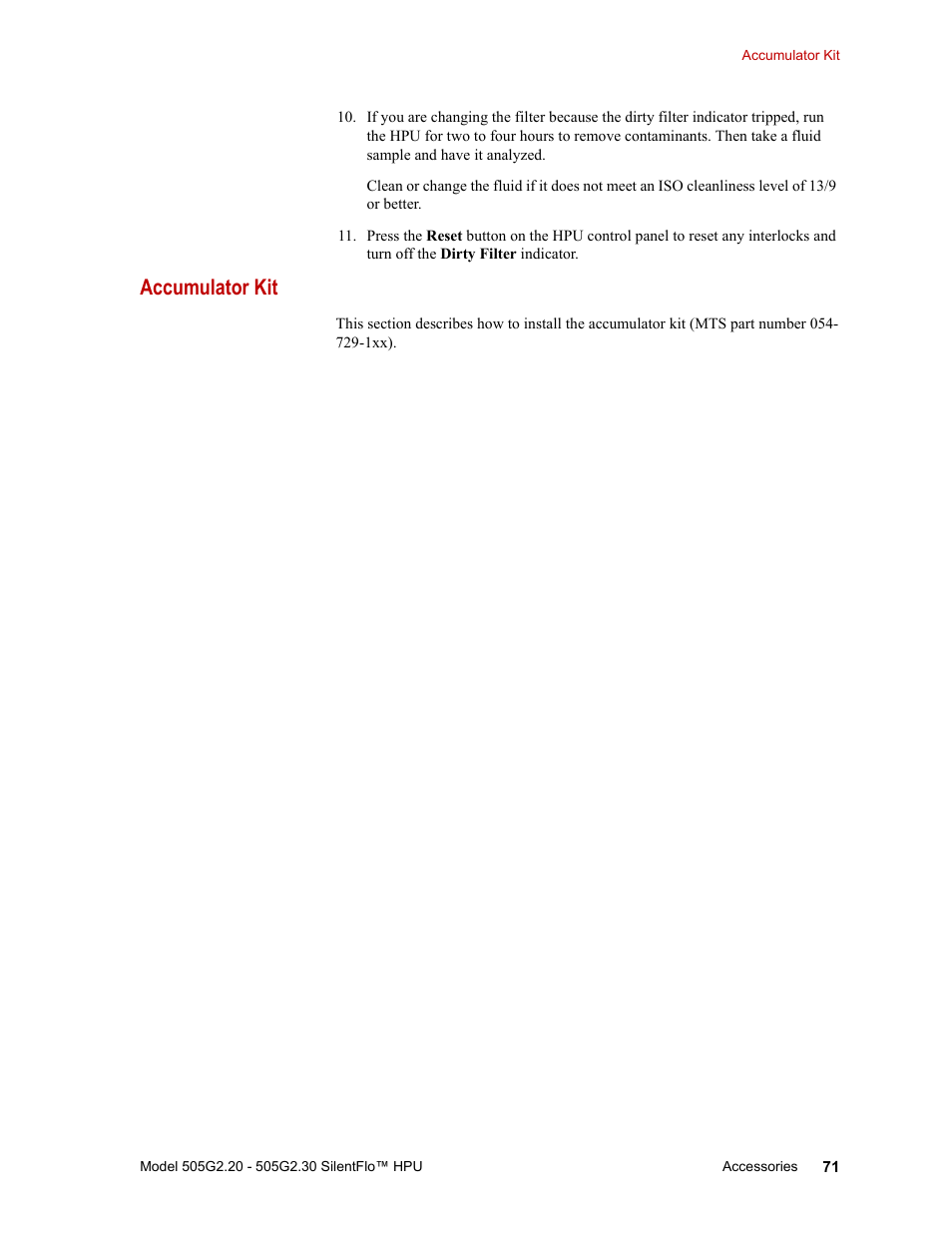 Accumulator kit, Accumulator kit 71 | MTS Series 505G2 SilentFlo Hydraulic Power Unit Model 505G2-30 User Manual | Page 71 / 90
