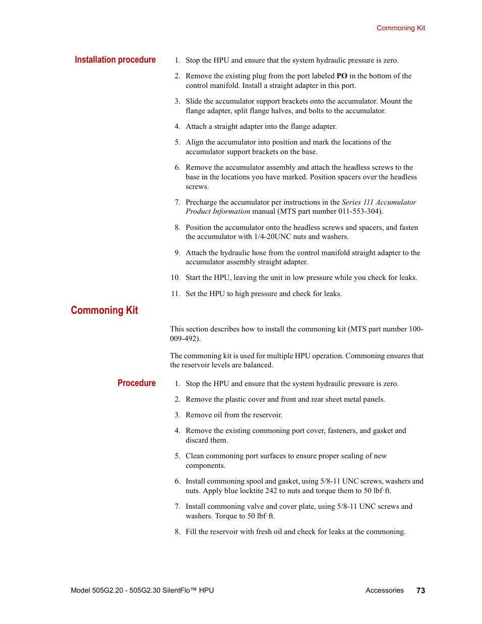 Commoning kit, Commoning kit 73 | MTS Series 505G2 SilentFlo Hydraulic Power Unit Model 505G2-30 User Manual | Page 73 / 90