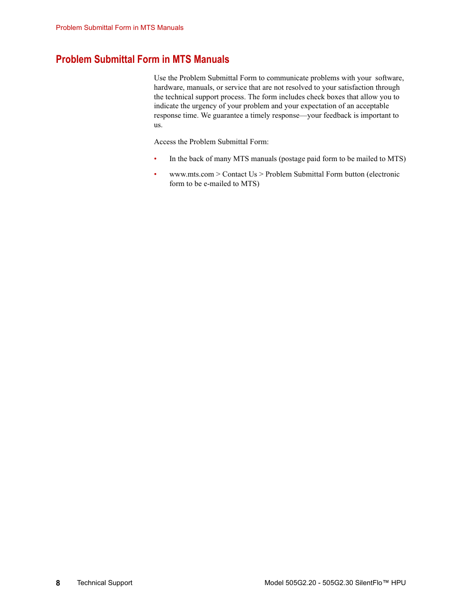 Problem submittal form in mts manuals, Problem submittal form in mts manuals 8 | MTS Series 505G2 SilentFlo Hydraulic Power Unit Model 505G2-30 User Manual | Page 8 / 90