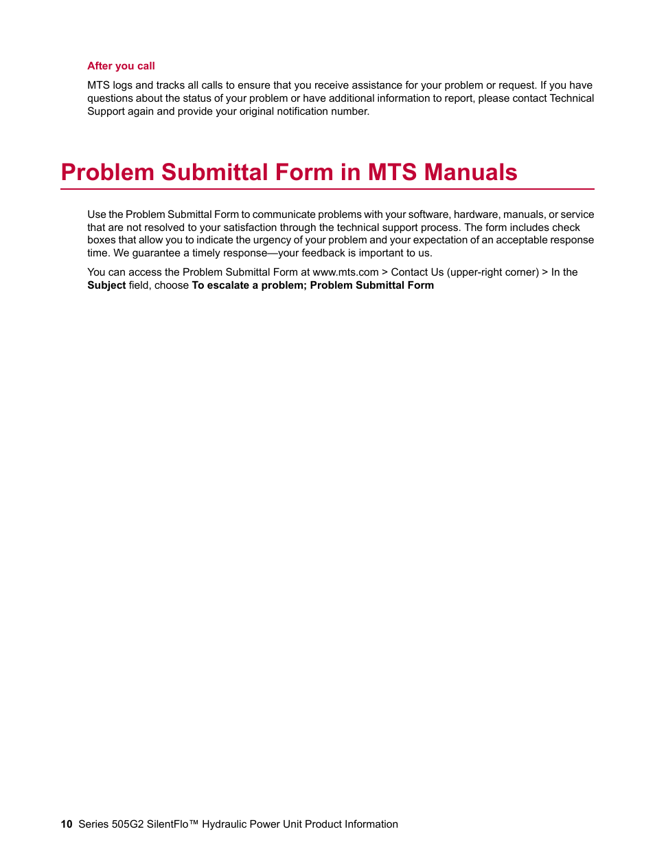 Problem submittal form in mts manuals | MTS Series 505G2 SilentFlo Hydraulic Power Unit Model 505G2-180 User Manual | Page 10 / 100