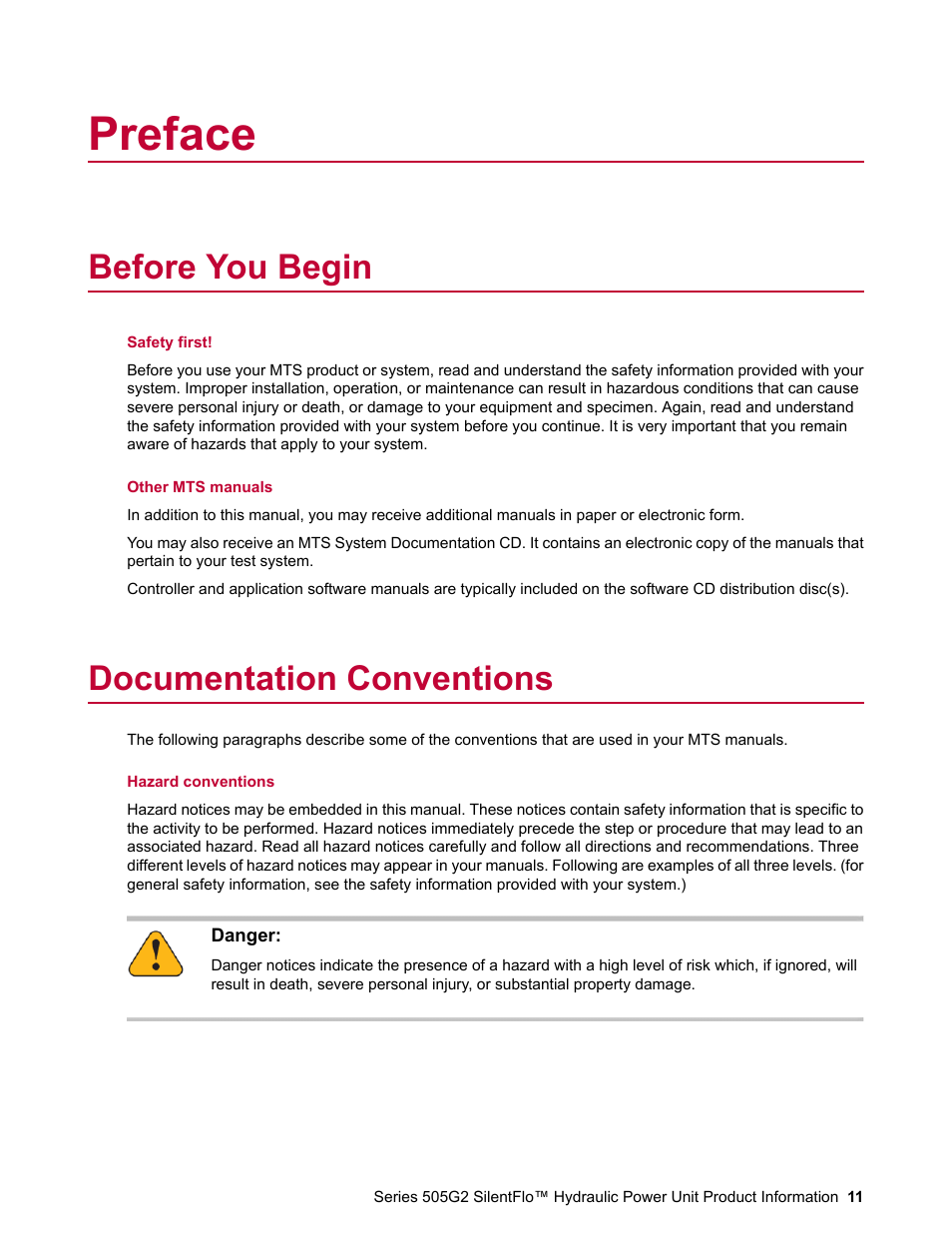Preface, Before you begin, Documentation conventions | MTS Series 505G2 SilentFlo Hydraulic Power Unit Model 505G2-180 User Manual | Page 11 / 100