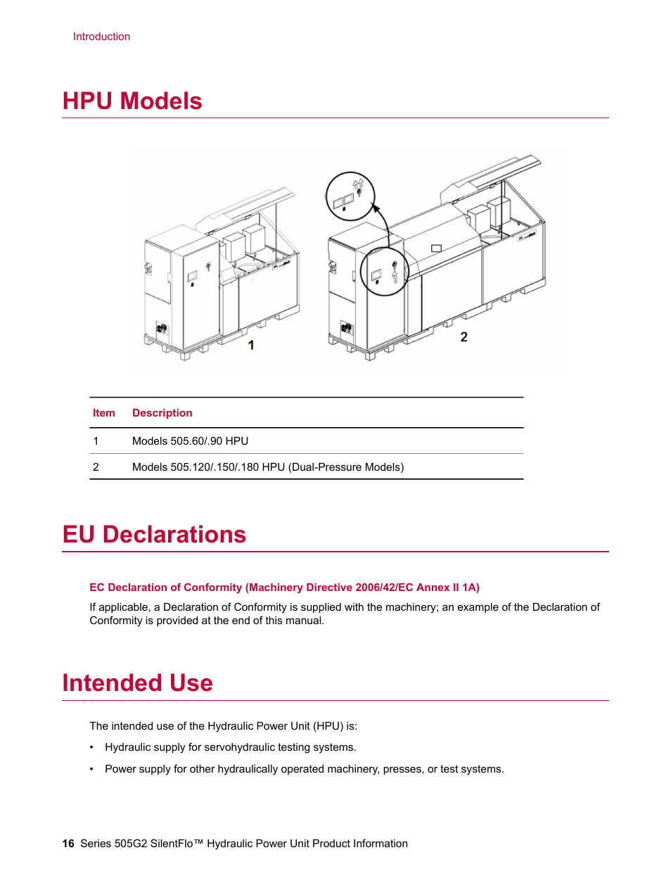 Hpu models, Eu declarations, Intended use | MTS Series 505G2 SilentFlo Hydraulic Power Unit Model 505G2-180 User Manual | Page 16 / 100