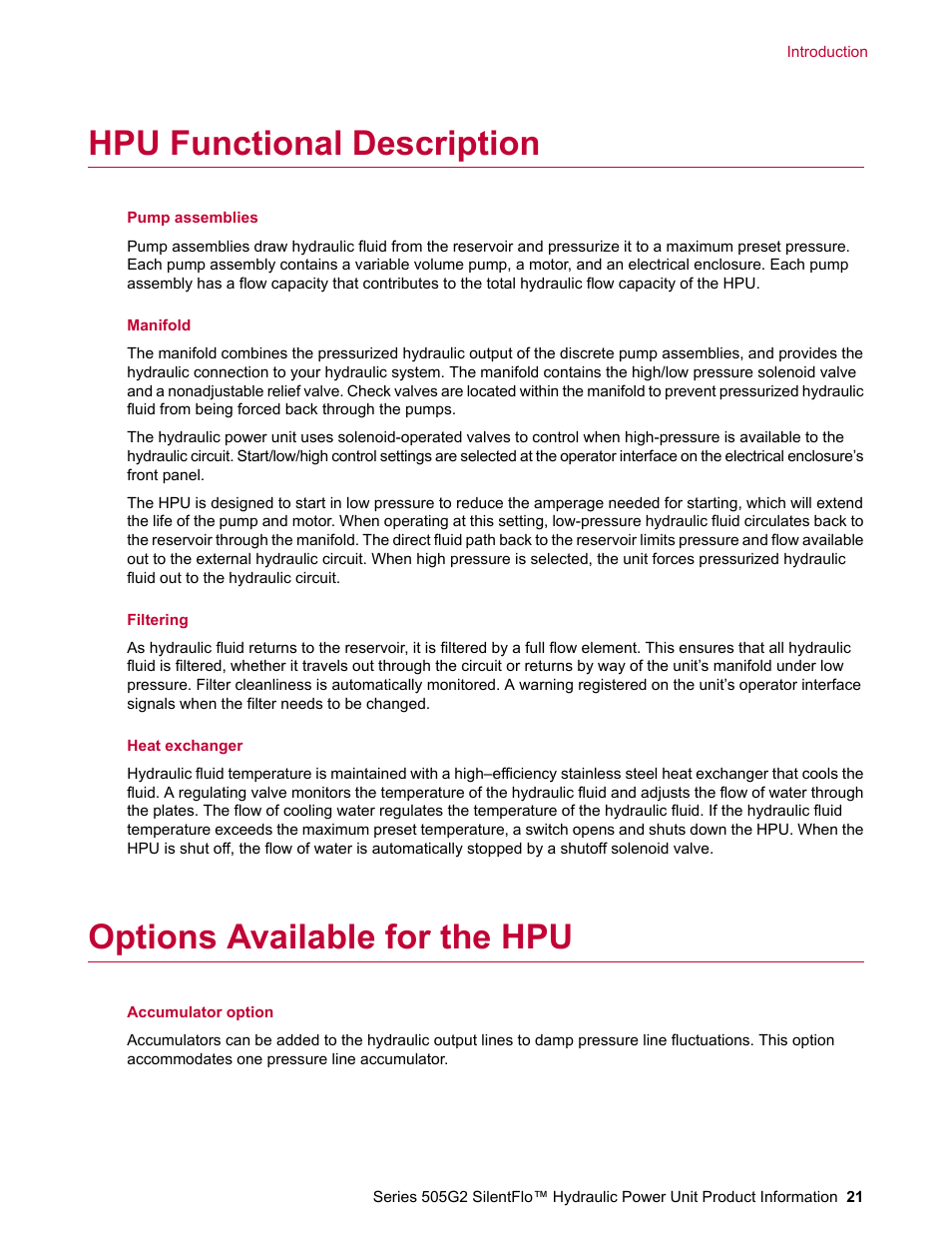 Hpu functional description, Options available for the hpu | MTS Series 505G2 SilentFlo Hydraulic Power Unit Model 505G2-180 User Manual | Page 21 / 100