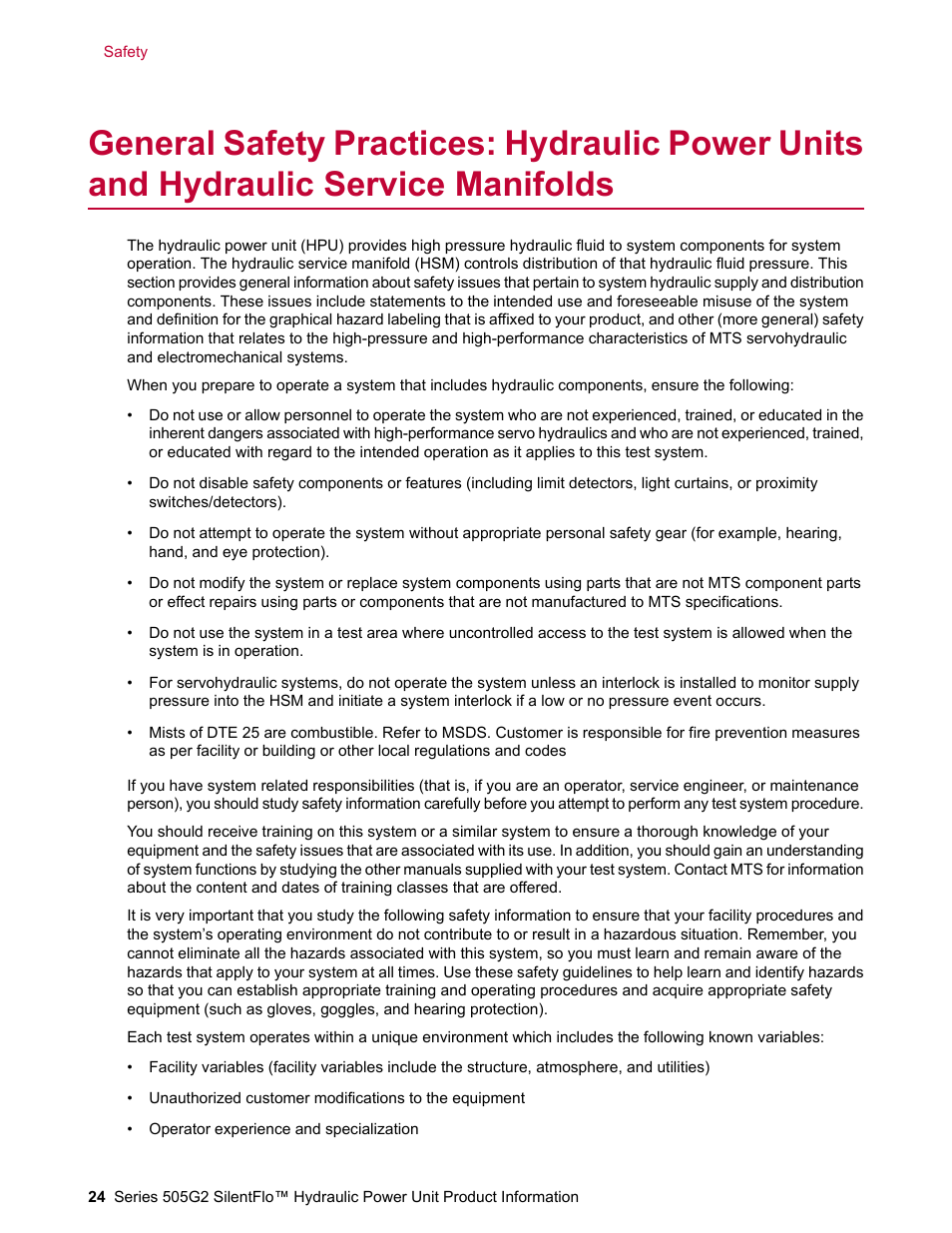 MTS Series 505G2 SilentFlo Hydraulic Power Unit Model 505G2-180 User Manual | Page 24 / 100