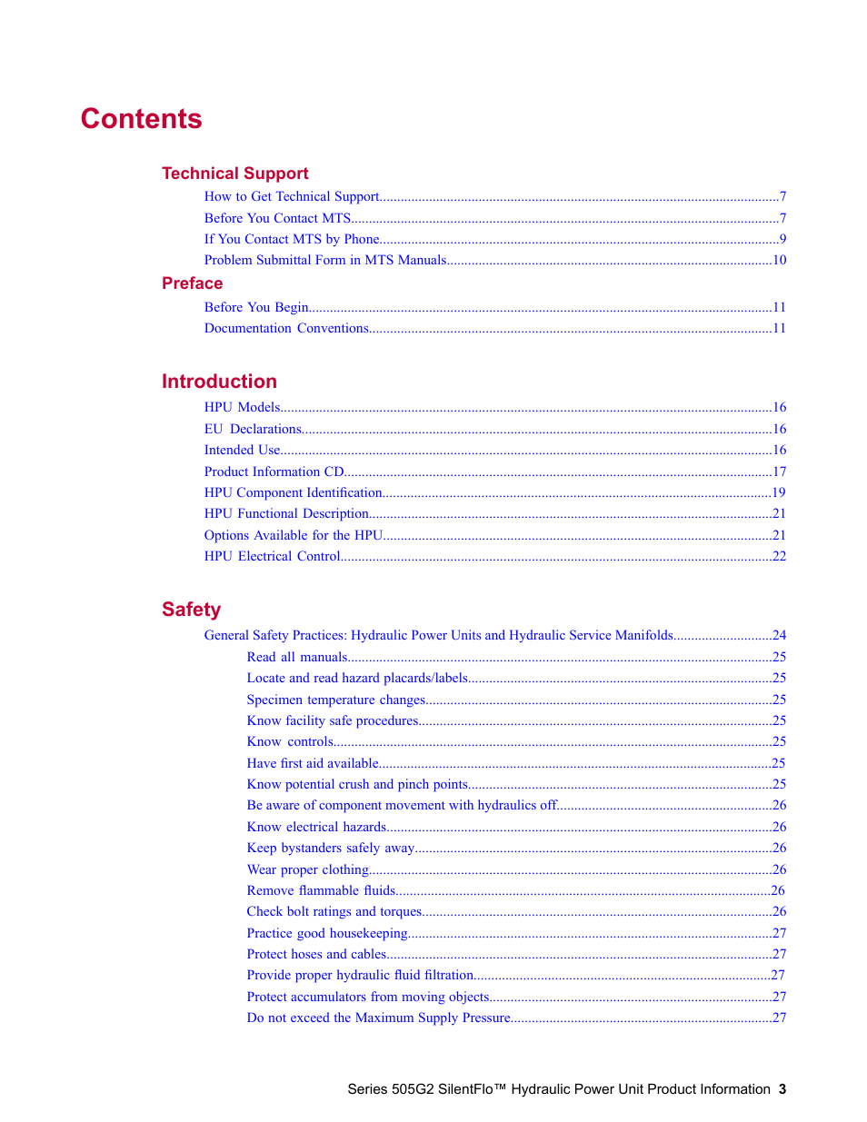 MTS Series 505G2 SilentFlo Hydraulic Power Unit Model 505G2-180 User Manual | Page 3 / 100