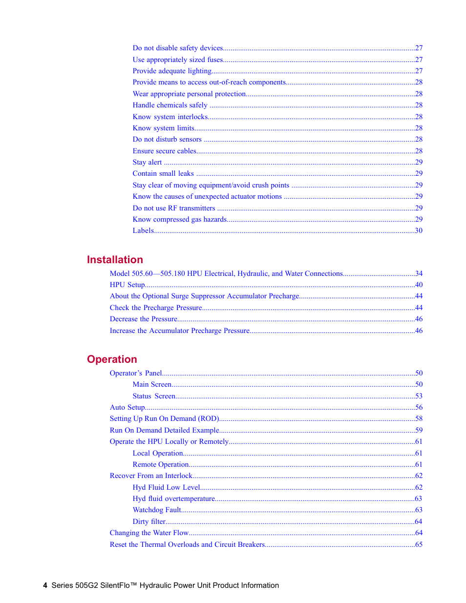 Installation 33, Operation 49 | MTS Series 505G2 SilentFlo Hydraulic Power Unit Model 505G2-180 User Manual | Page 4 / 100