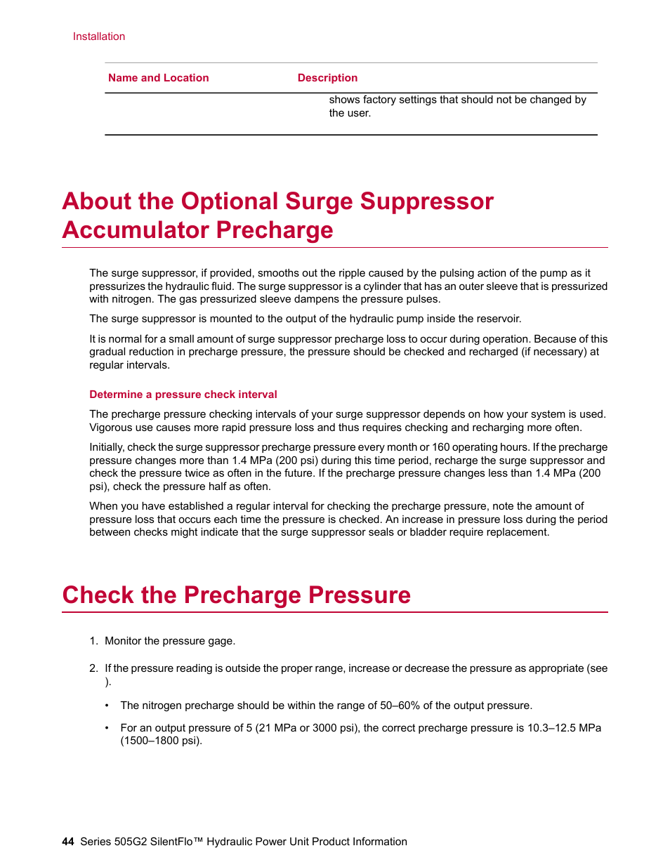 Check the precharge pressure | MTS Series 505G2 SilentFlo Hydraulic Power Unit Model 505G2-180 User Manual | Page 44 / 100