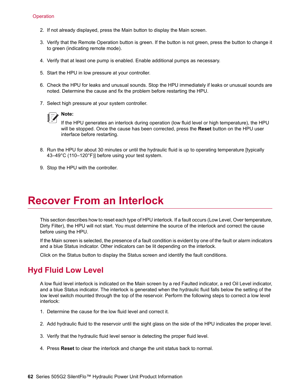 Recover from an interlock, Hyd fluid low level | MTS Series 505G2 SilentFlo Hydraulic Power Unit Model 505G2-180 User Manual | Page 62 / 100