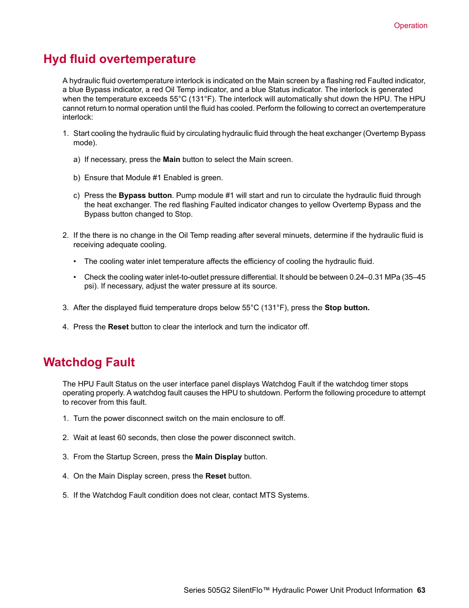 Hyd fluid overtemperature, Watchdog fault | MTS Series 505G2 SilentFlo Hydraulic Power Unit Model 505G2-180 User Manual | Page 63 / 100