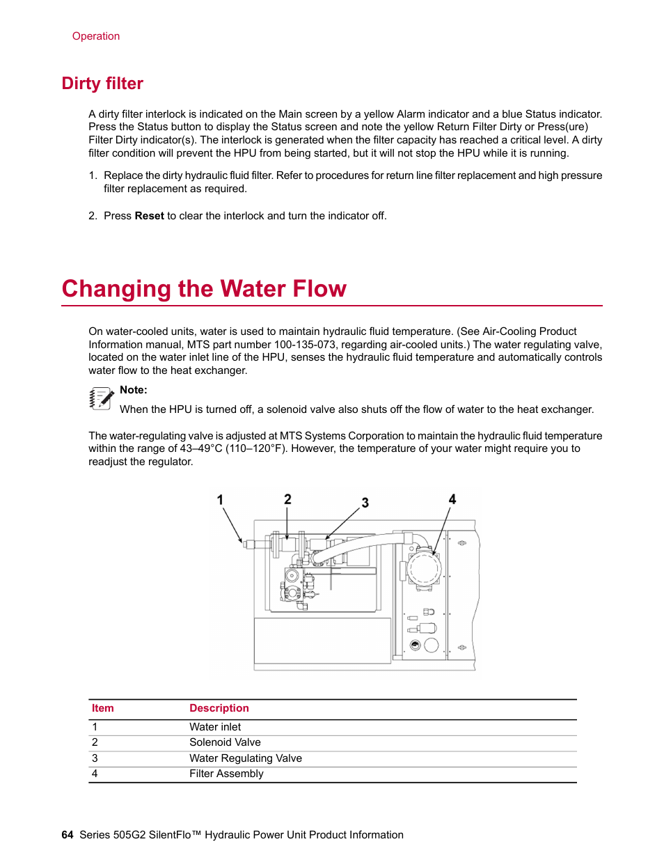 Dirty filter, Changing the water flow | MTS Series 505G2 SilentFlo Hydraulic Power Unit Model 505G2-180 User Manual | Page 64 / 100