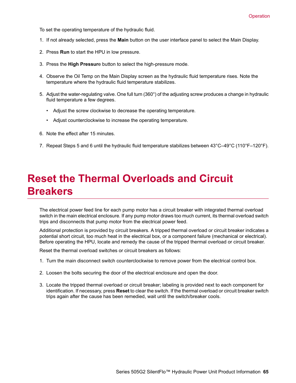 Reset the thermal overloads and circuit breakers | MTS Series 505G2 SilentFlo Hydraulic Power Unit Model 505G2-180 User Manual | Page 65 / 100