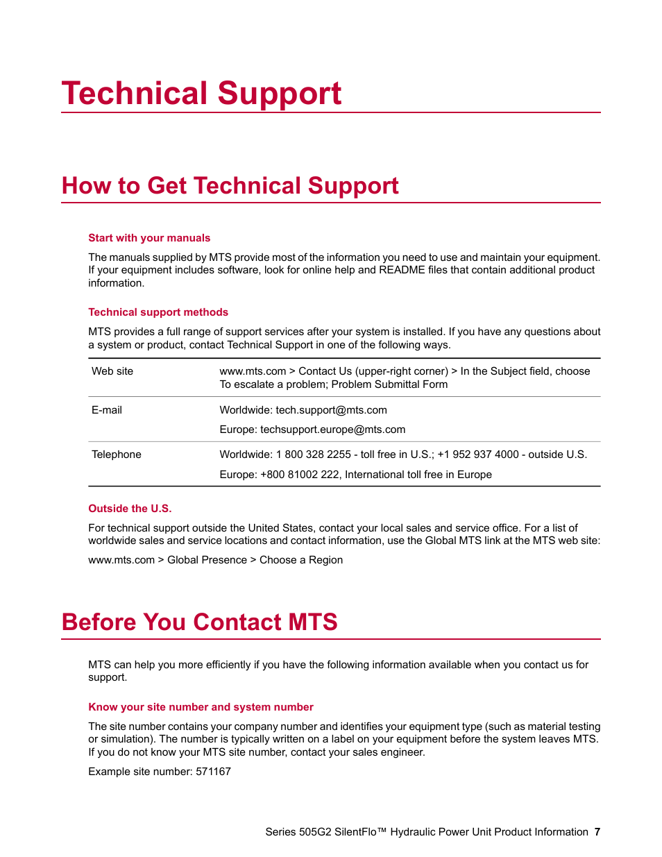 Technical support, How to get technical support, Before you contact mts | MTS Series 505G2 SilentFlo Hydraulic Power Unit Model 505G2-180 User Manual | Page 7 / 100