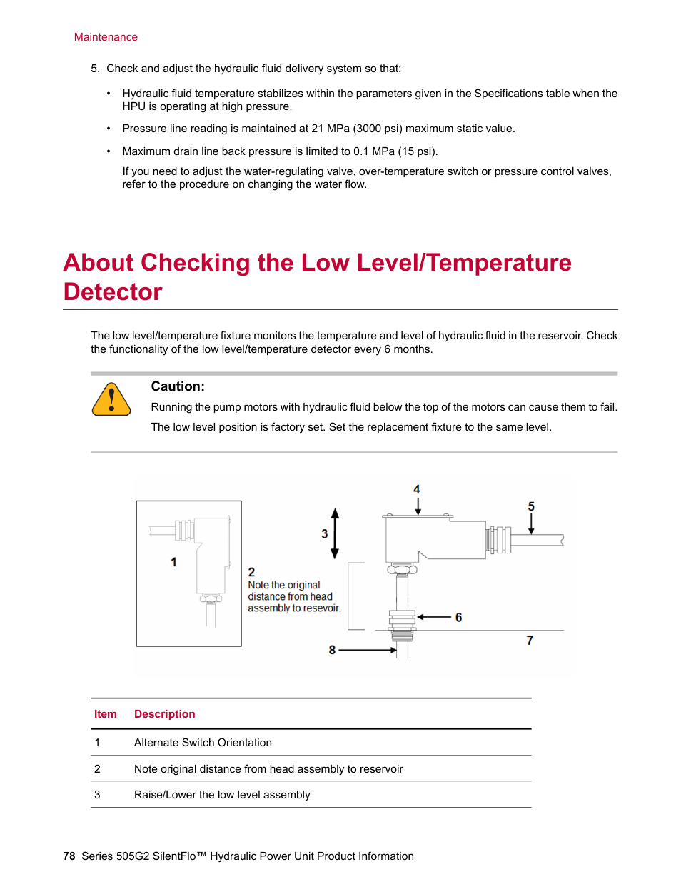 About checking the low level/temperature detector | MTS Series 505G2 SilentFlo Hydraulic Power Unit Model 505G2-180 User Manual | Page 78 / 100