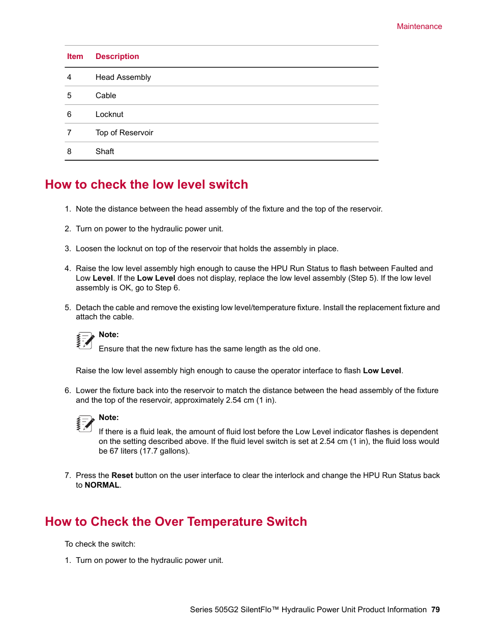 How to check the low level switch, How to check the over temperature switch | MTS Series 505G2 SilentFlo Hydraulic Power Unit Model 505G2-180 User Manual | Page 79 / 100