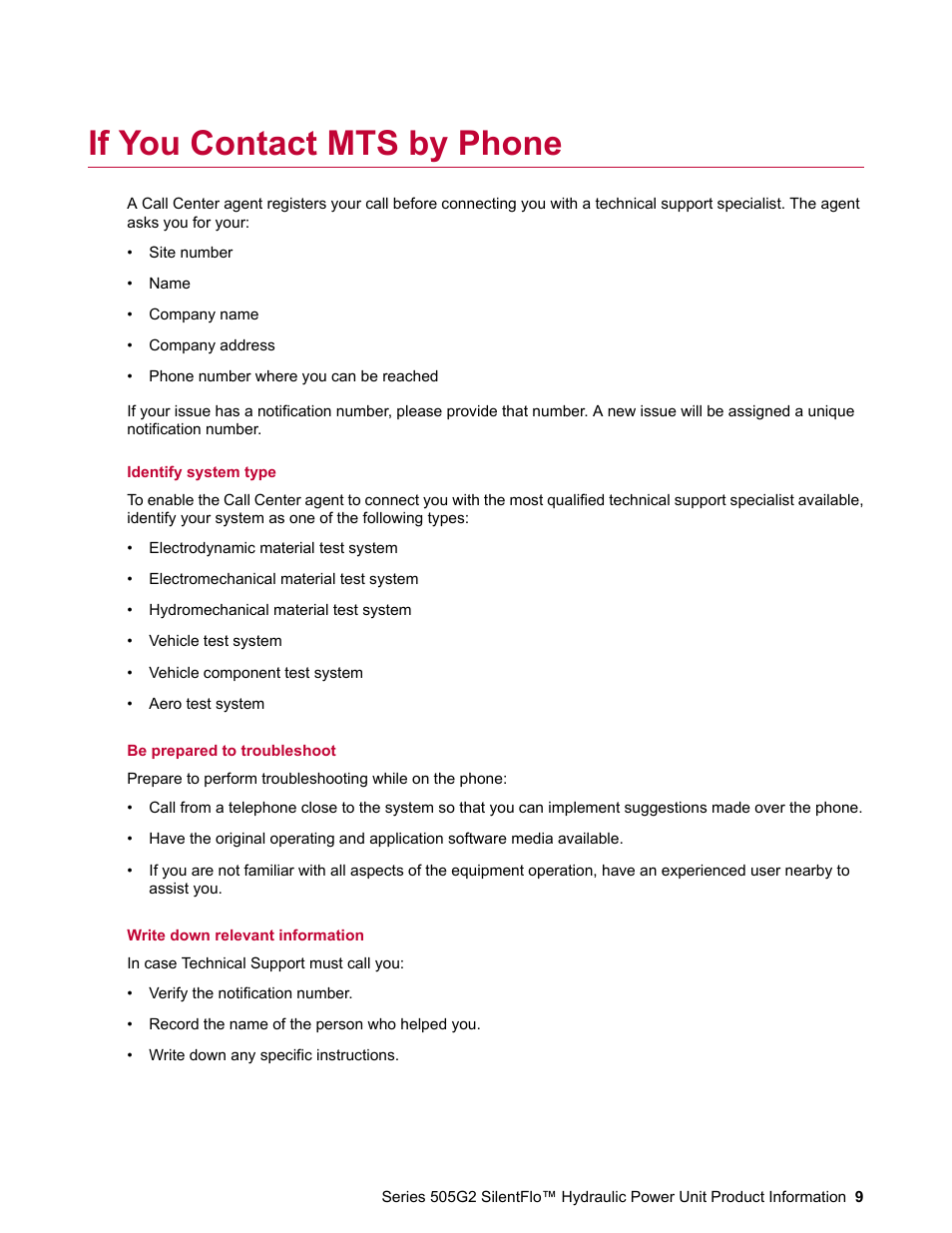 If you contact mts by phone | MTS Series 505G2 SilentFlo Hydraulic Power Unit Model 505G2-180 User Manual | Page 9 / 100