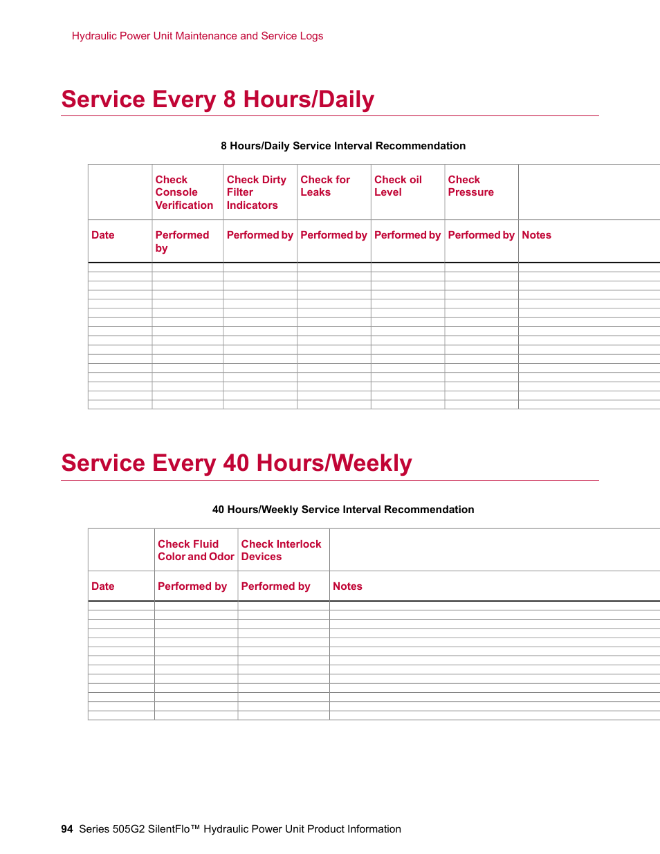 Service every 8 hours/daily, Service every 40 hours/weekly | MTS Series 505G2 SilentFlo Hydraulic Power Unit Model 505G2-180 User Manual | Page 94 / 100
