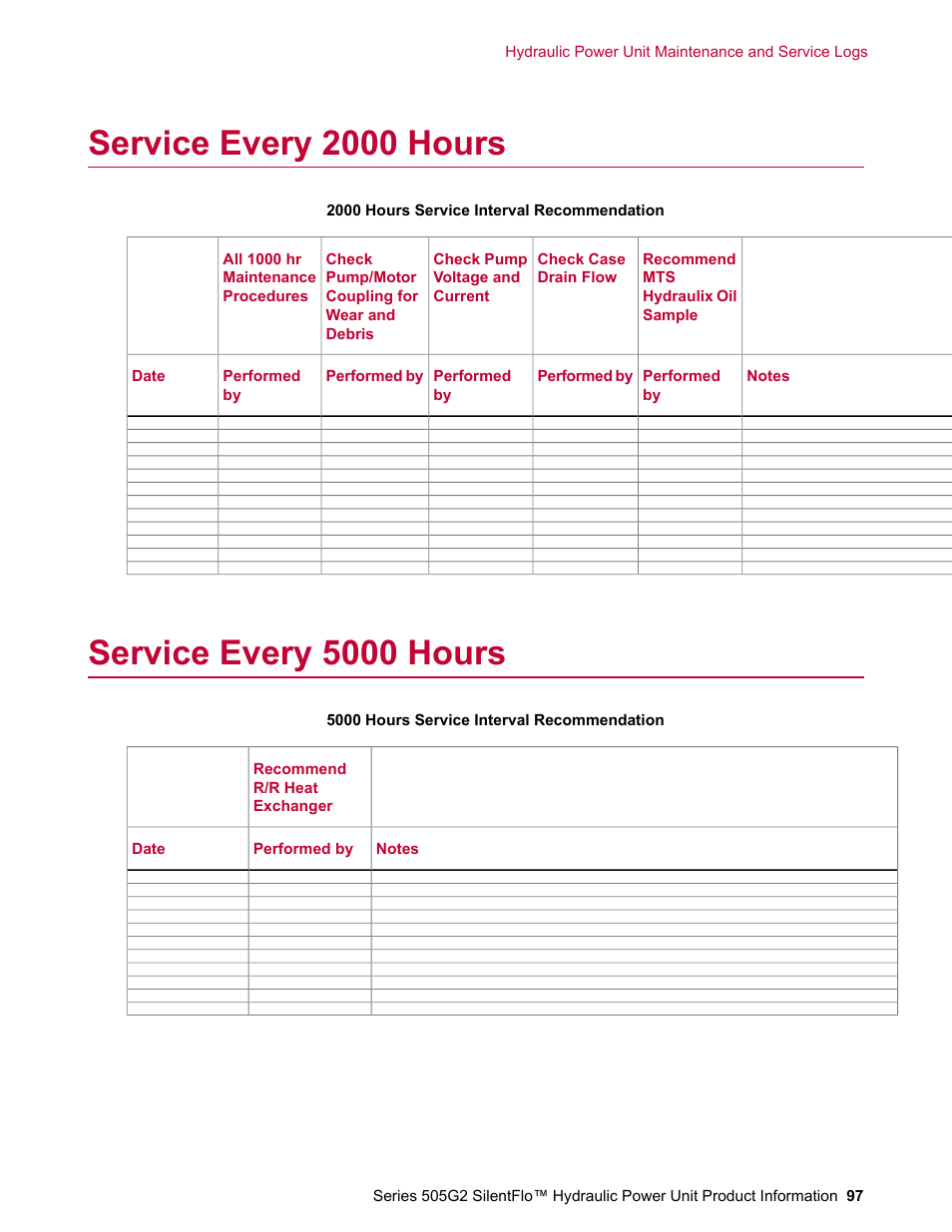 Service every 2000 hours, Service every 5000 hours | MTS Series 505G2 SilentFlo Hydraulic Power Unit Model 505G2-180 User Manual | Page 97 / 100