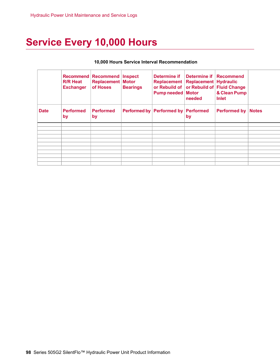 Service every 10,000 hours | MTS Series 505G2 SilentFlo Hydraulic Power Unit Model 505G2-180 User Manual | Page 98 / 100