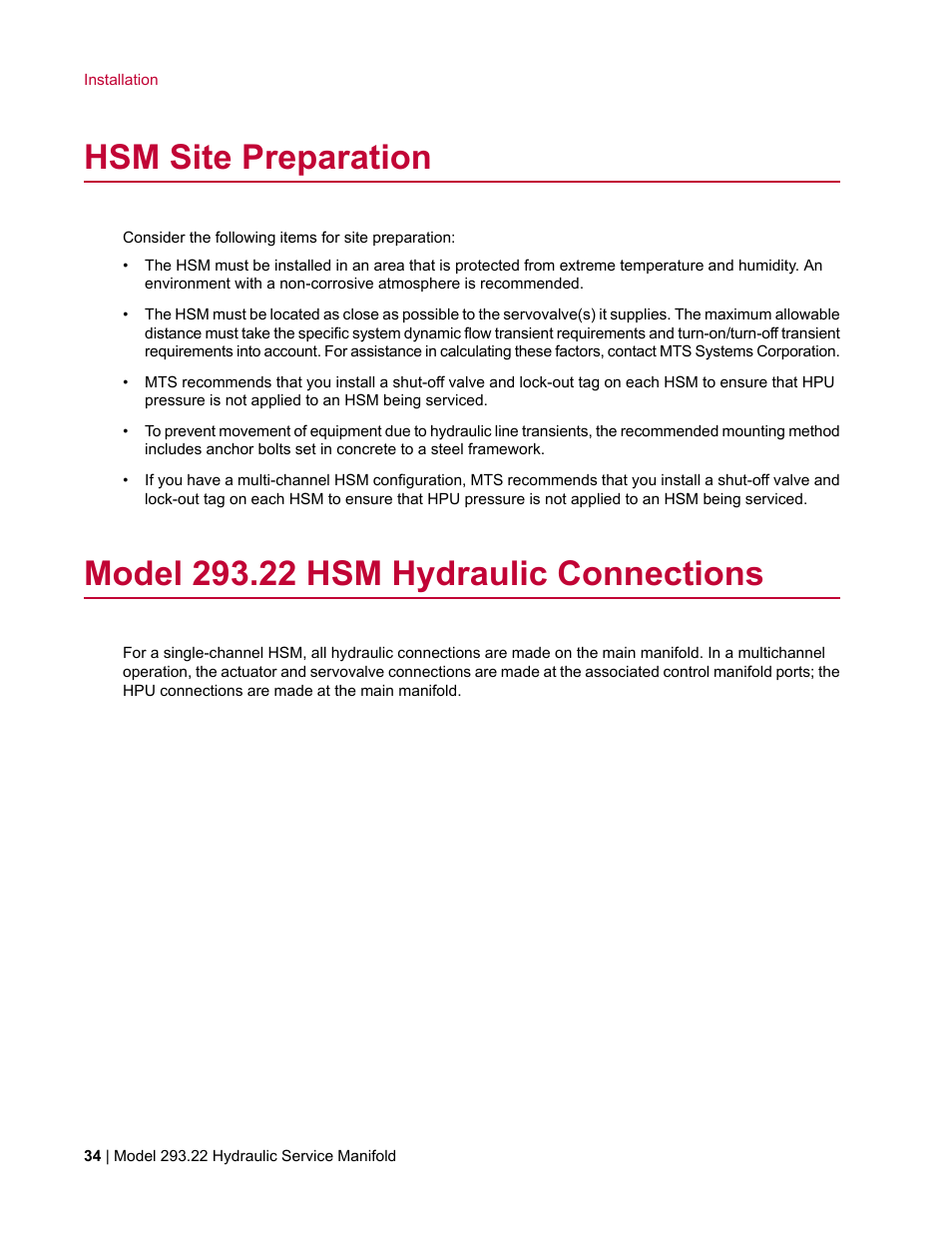 Hsm site preparation, Model 293.22 hsm hydraulic connections | MTS Model 293-22 Hydraulic Service Manifold User Manual | Page 34 / 52