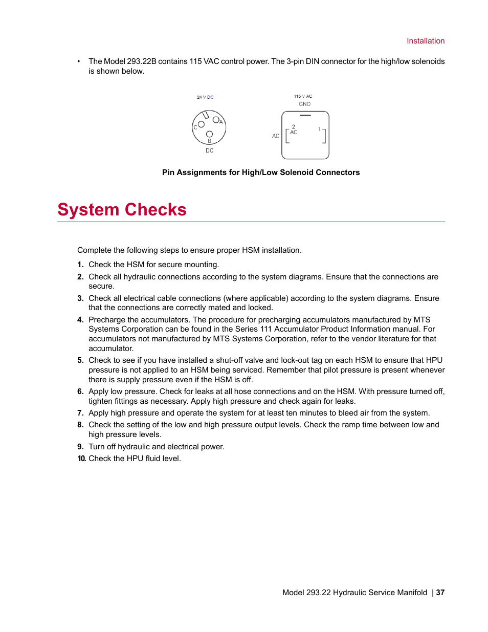 System checks | MTS Model 293-22 Hydraulic Service Manifold User Manual | Page 37 / 52