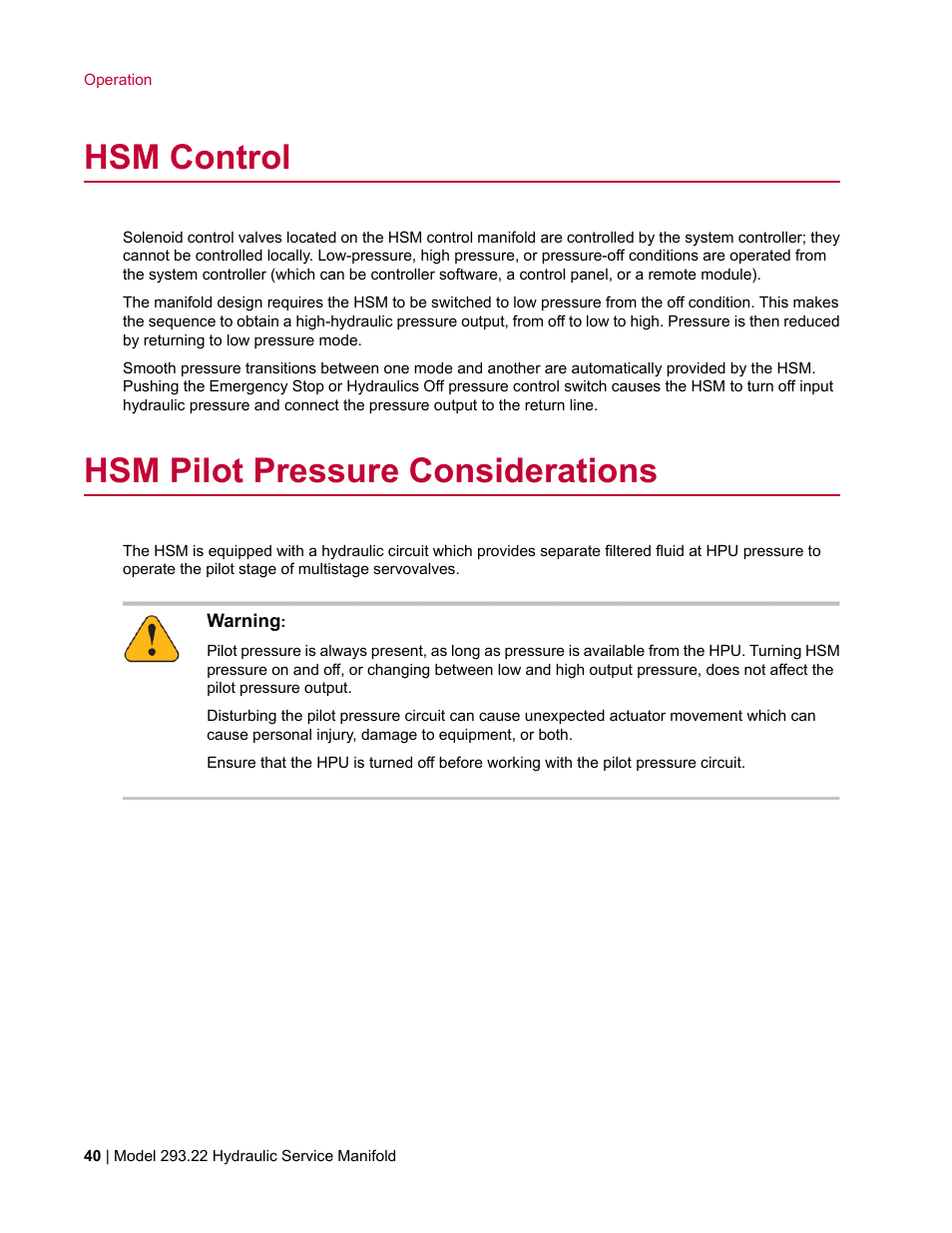 Hsm control, Hsm pilot pressure considerations | MTS Model 293-22 Hydraulic Service Manifold User Manual | Page 40 / 52