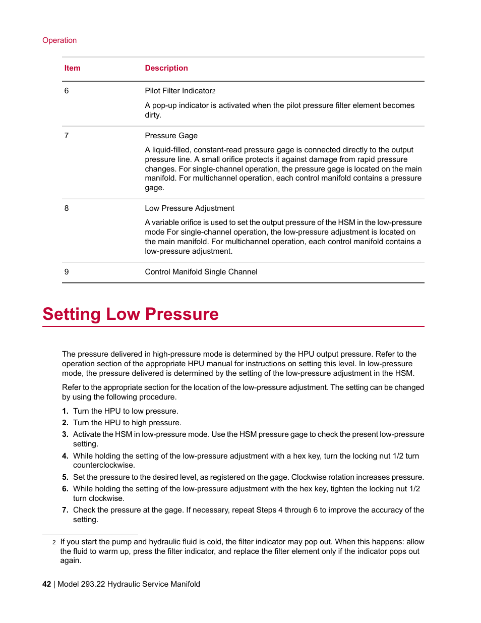 Setting low pressure | MTS Model 293-22 Hydraulic Service Manifold User Manual | Page 42 / 52