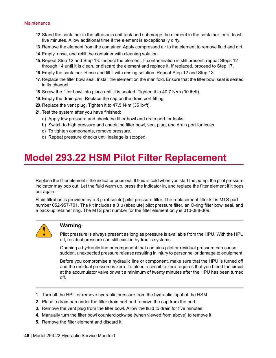 Model 293.22 hsm pilot filter replacement | MTS Model 293-22 Hydraulic Service Manifold User Manual | Page 48 / 52