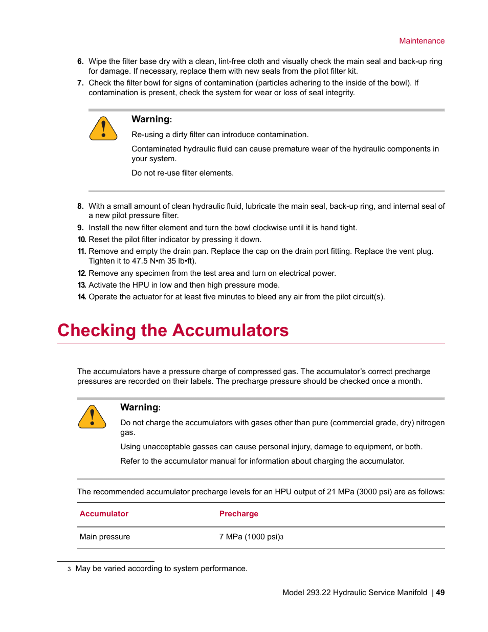 Checking the accumulators | MTS Model 293-22 Hydraulic Service Manifold User Manual | Page 49 / 52