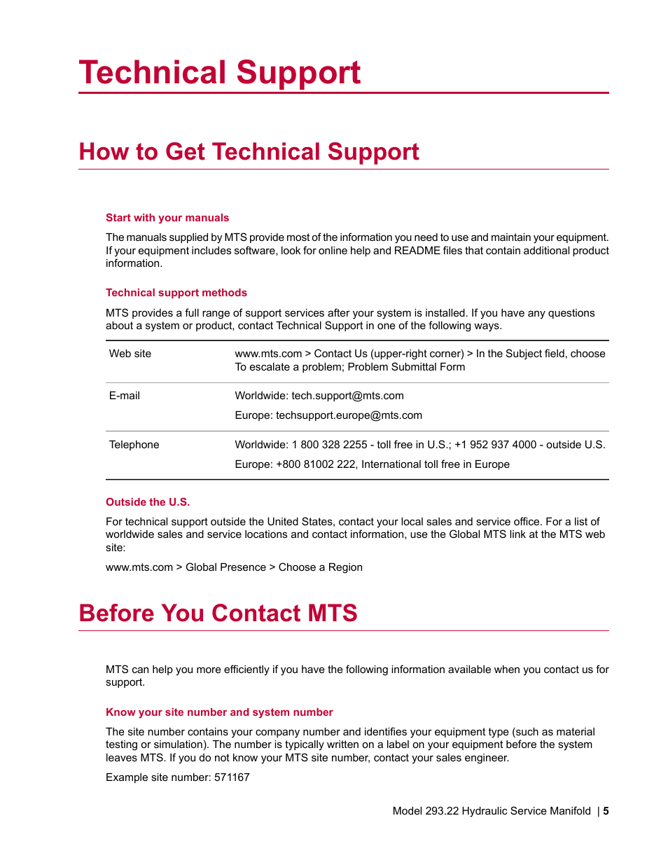 Technical support, How to get technical support, Before you contact mts | MTS Model 293-22 Hydraulic Service Manifold User Manual | Page 5 / 52