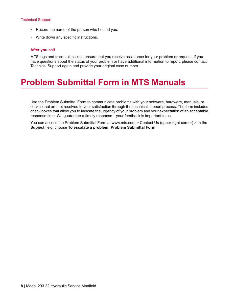 Problem submittal form in mts manuals | MTS Model 293-22 Hydraulic Service Manifold User Manual | Page 8 / 52