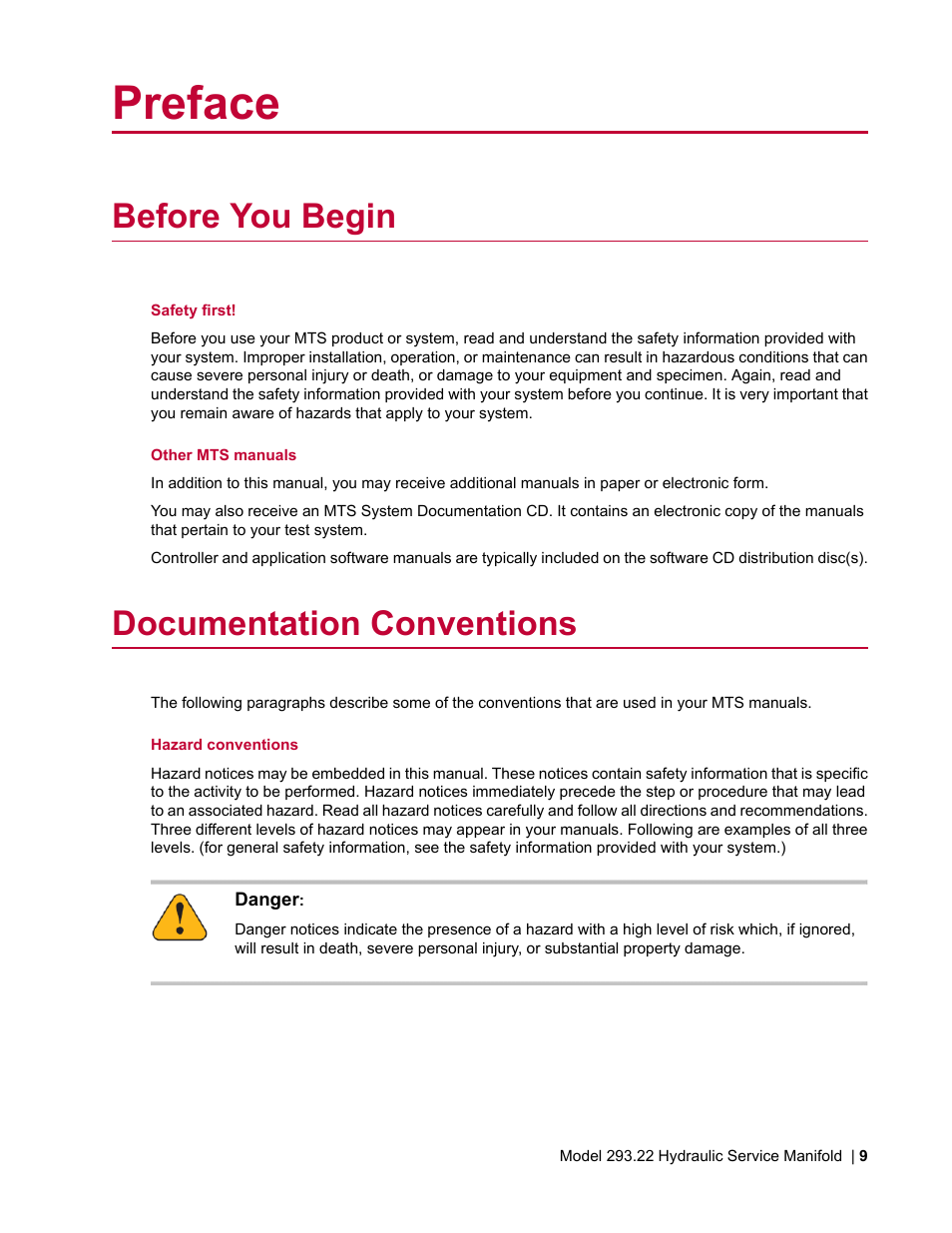 Preface, Before you begin, Documentation conventions | MTS Model 293-22 Hydraulic Service Manifold User Manual | Page 9 / 52