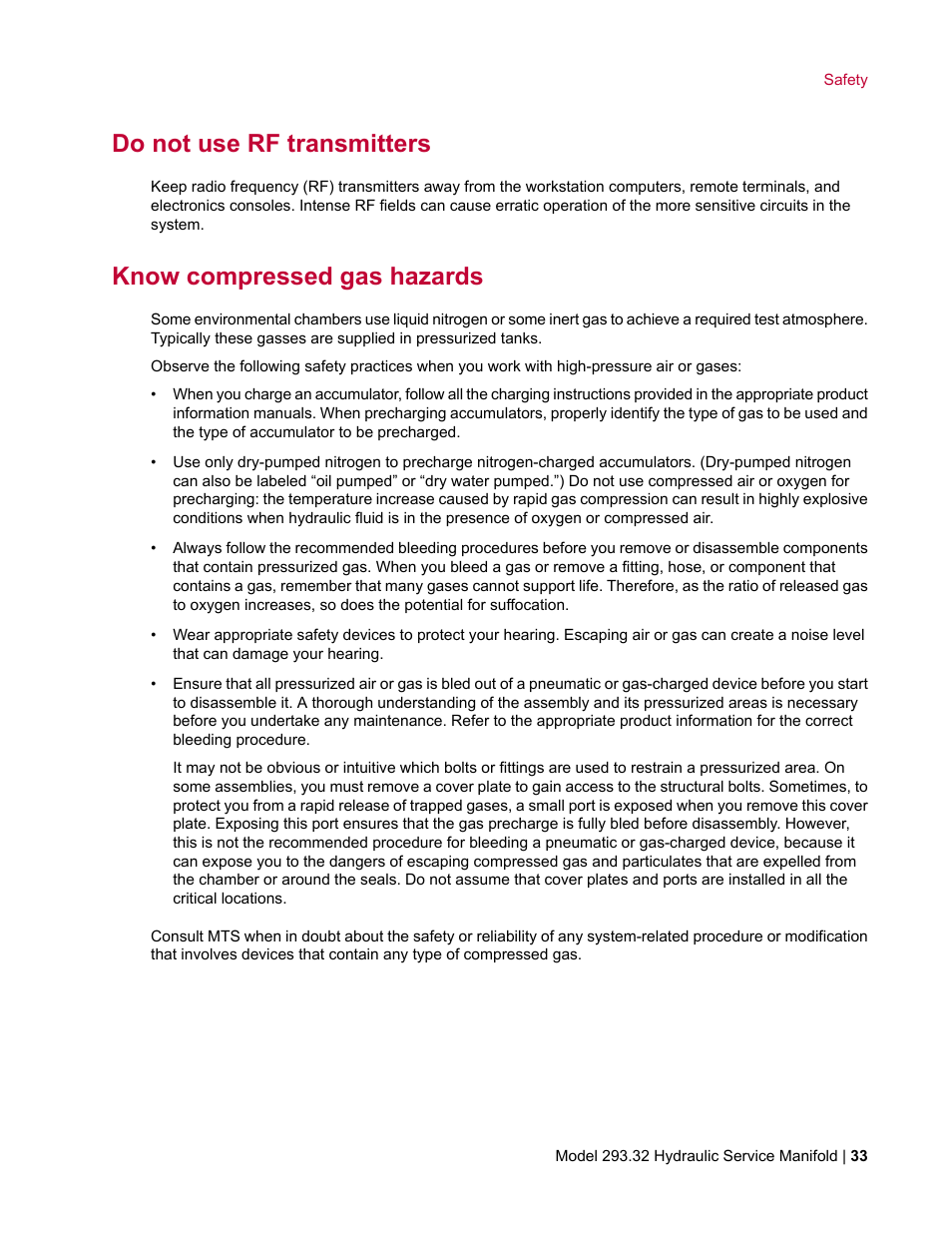 Do not use rf transmitters, Know compressed gas hazards | MTS Model 293-32 Hydraulic Service Manifold User Manual | Page 33 / 52