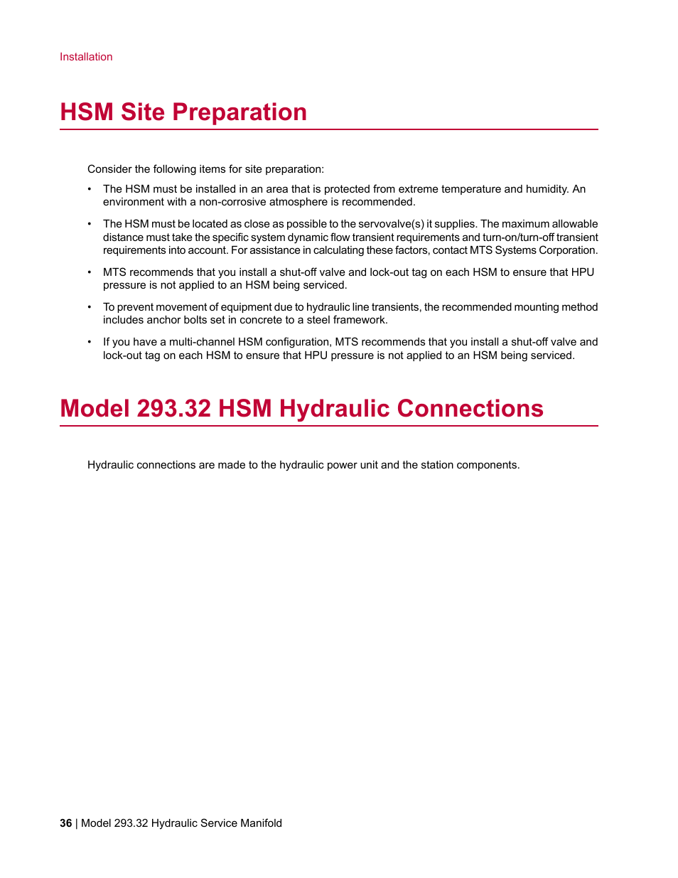 Hsm site preparation, Model 293.32 hsm hydraulic connections | MTS Model 293-32 Hydraulic Service Manifold User Manual | Page 36 / 52