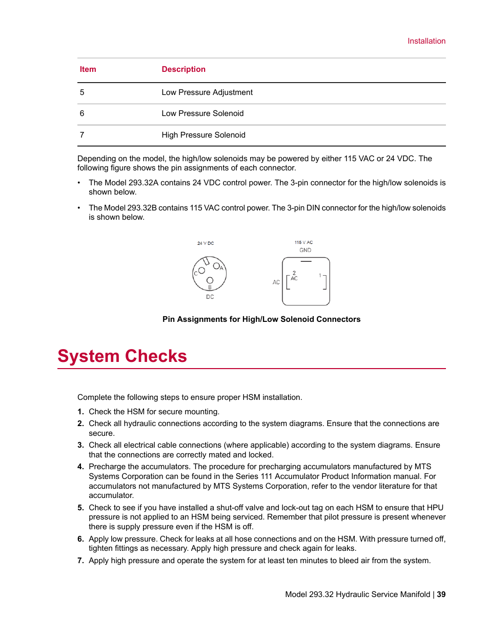 System checks | MTS Model 293-32 Hydraulic Service Manifold User Manual | Page 39 / 52