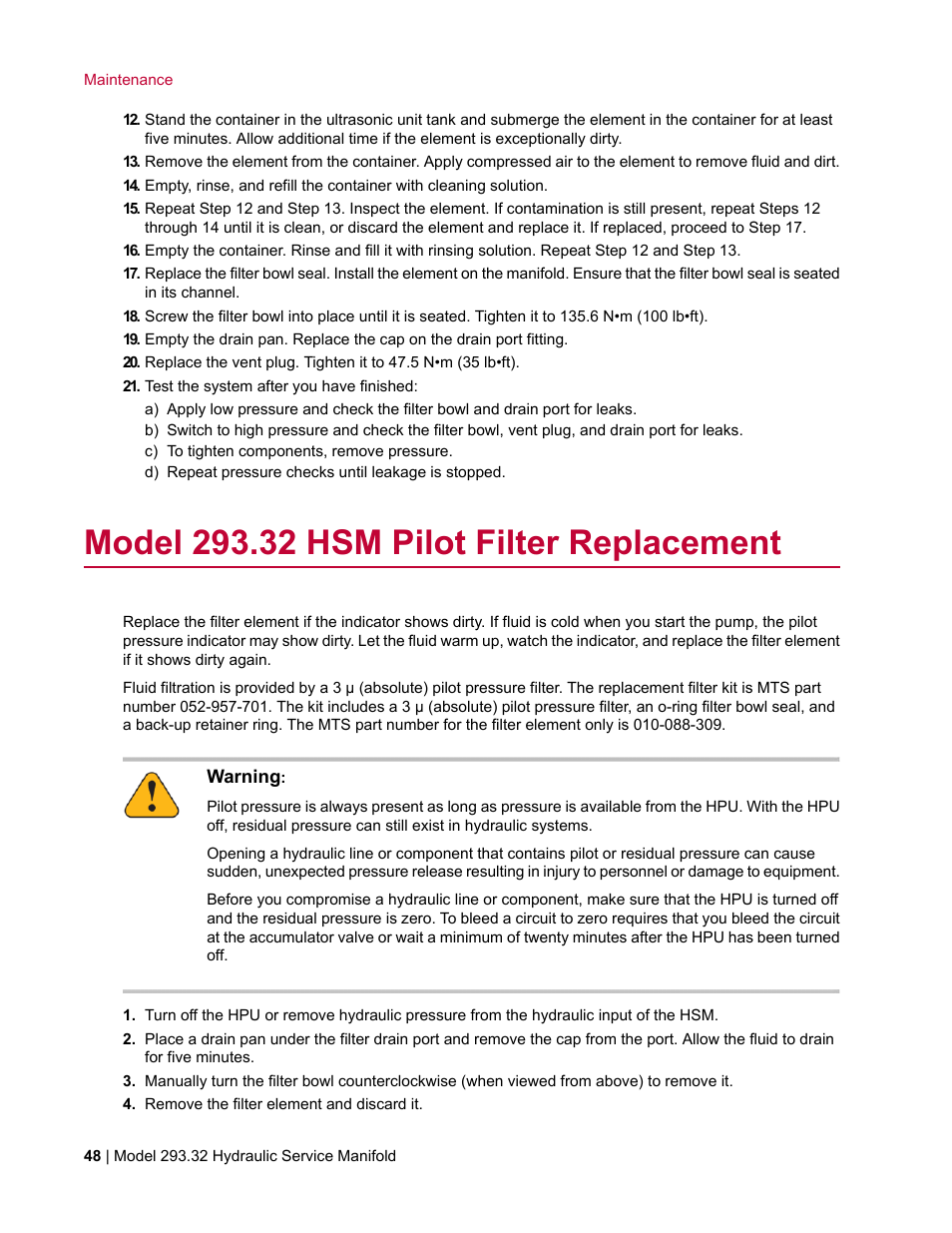 Model 293.32 hsm pilot filter replacement | MTS Model 293-32 Hydraulic Service Manifold User Manual | Page 48 / 52