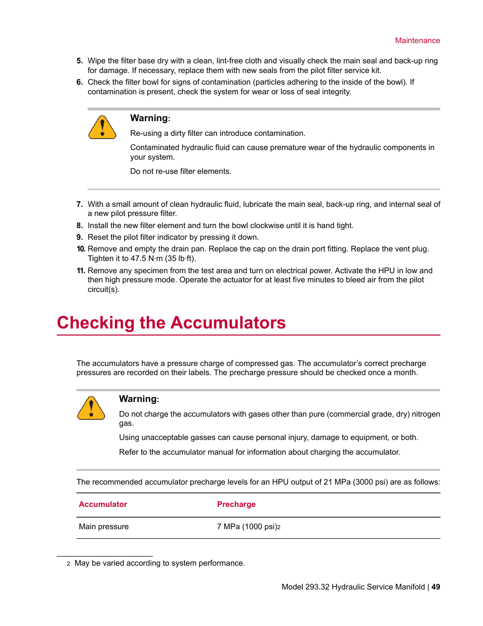 Checking the accumulators | MTS Model 293-32 Hydraulic Service Manifold User Manual | Page 49 / 52
