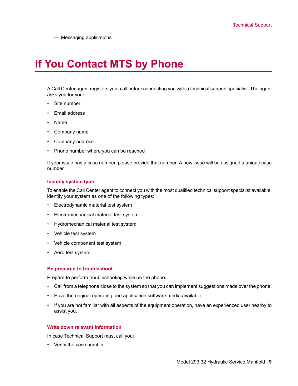 If you contact mts by phone | MTS Model 293-32 Hydraulic Service Manifold User Manual | Page 9 / 52